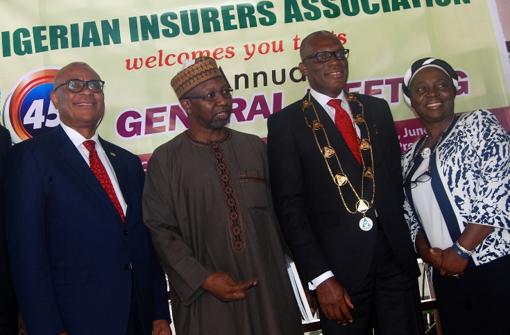 L-R: Immediate past chairman, Nigerian Insurance Association (NIA), Godwin Wiggle; Commissioner for Insurance, Mr Mohammed Kari; Managing Director, Consolidated Hallmark Insurance Plc, Mr Eddie Efekoha, and new Deputy Chairman, NIA, Mrs Yetunde Ilori, at the investiture of Mr. Efekoha as the new NIA Chairman during the 45th Annual General Meeting of NIA held in Lagos on Thursday 30:6:2016 (yesterday).