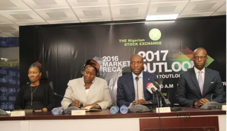 L – R shows Pai Gamde, Acting Head, Corporate Services Division, The Nigerian Stock Exchange (NSE); Tinuade Awe, General Counsel & Head, Regulation, NSE; Oscar N. Onyema, Chief Executive Officer, NSE; and Adeolu Bajomo, Executive Director, Market Operations & Technology, NSE at the 2016 Market Recap & 2017 Outlook 