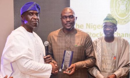 L – R shows Dr. Jide Akeredolu, District Governor Elect, Rotary District 9110, Nigeria; Mr. Olumide Orojimi, Head Corporate Communications, The Nigerian Stock Exchange (NSE) and Kolapo Sodipo, District Governor, Rotary District 9110, Nigeria during the award was presentation to the NSE at the 2019 edition of the Rotary Friendship Night/Governor’s Magazine Launch/Awards yesterday in Lagos.