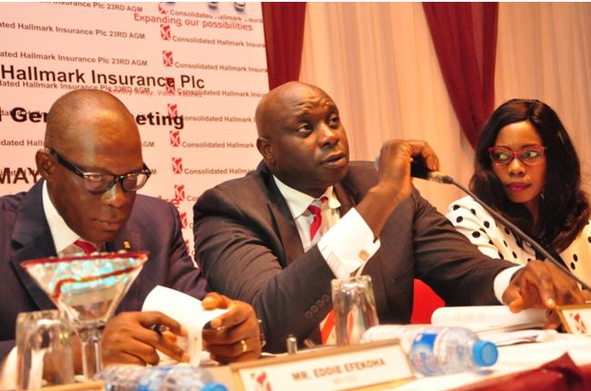 L-R: Mr. Eddie Efekoha, Managing Director/CEO, CHI Plc; Mr. Obinna Ekezie, Chairman and Mrs. Rukevwe Falana, Company Secretary, at the 24th AGM of the company in Lagos.