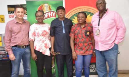 L-R: Brewery Operations Director, International Breweries Plc (IB Plc), Mr Johan Gouws; Country People Manager, IB Plc, Mrs Chinelo Obienyem; Nollywood actor and Brand Ambassador, Hero beer, Nkem Owoh; Marketing Director, IB Plc, Mrs Tolulope Adedeji; and Manager, Corporate Affairs and Sustainability, IB Plc, Mr Chuma Umuma, at an event at the Onitsha Brewery of IB Plc to celebrate Monde Selection awards won by IB Plc’s Trophy and Hero lagers, recently.