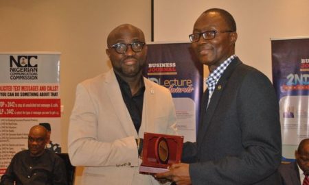 L-R: Mr. Segun Bankole, DGM, Sovereign Trust Insurance Plc receiving the ‘Most Innovative Insurance Retail Brand’ award on behalf of the company from Mr. Fatai Adegbenro, executive Secretary, NCRIB at the Business Journal 2nd Annual Lecture/awards in Lagos.