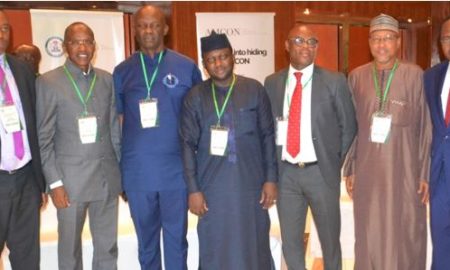 L-R: Executive Director, Asset Management Corporation of Nigeria (AMCON), Dr. Eberechukwu Uneze; Managing Director/CEO, Mr. Ahmed Kuru; Chairman House Committee on Banking and Currency, Hon. Victor Nwokolo; his Deputy, Hon. Hafiz Kawu; AMCON Group Head, Enforcement, Mr Joshua Ikioda; another member of the committee; Hon. Babangida Ibrahim and Executive Director of Operations, AMCON Mr Aminu Ismail at the Lagos retreat